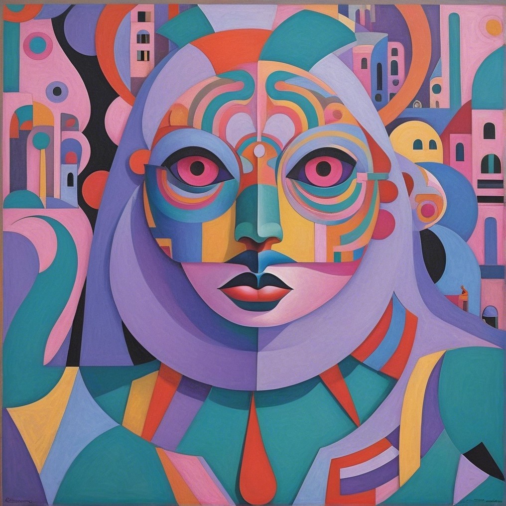 Vibrant Artwork with Stylized Face and Geometric Shapes