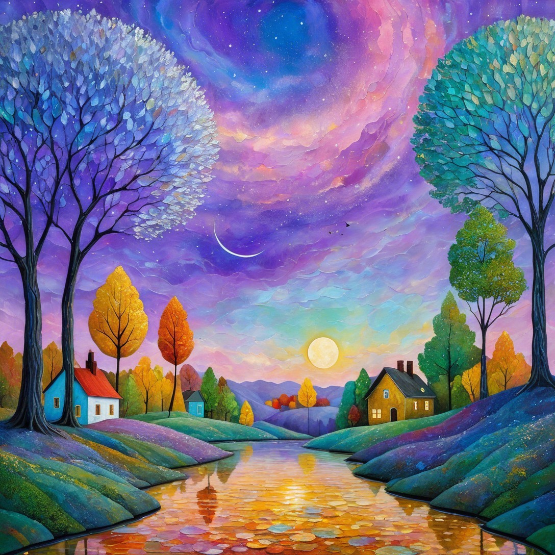 Vibrant landscape with river, colorful sky, and trees
