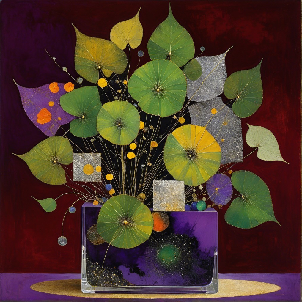 Vibrant Still Life with Glass Vase and Stylized Leaves