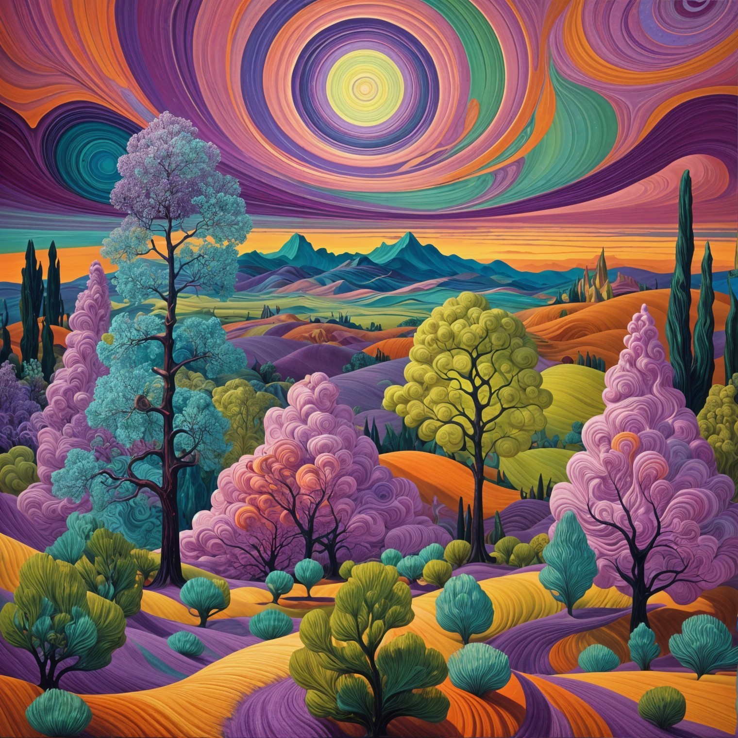 Vibrant Swirling Landscape with Exaggerated Colors