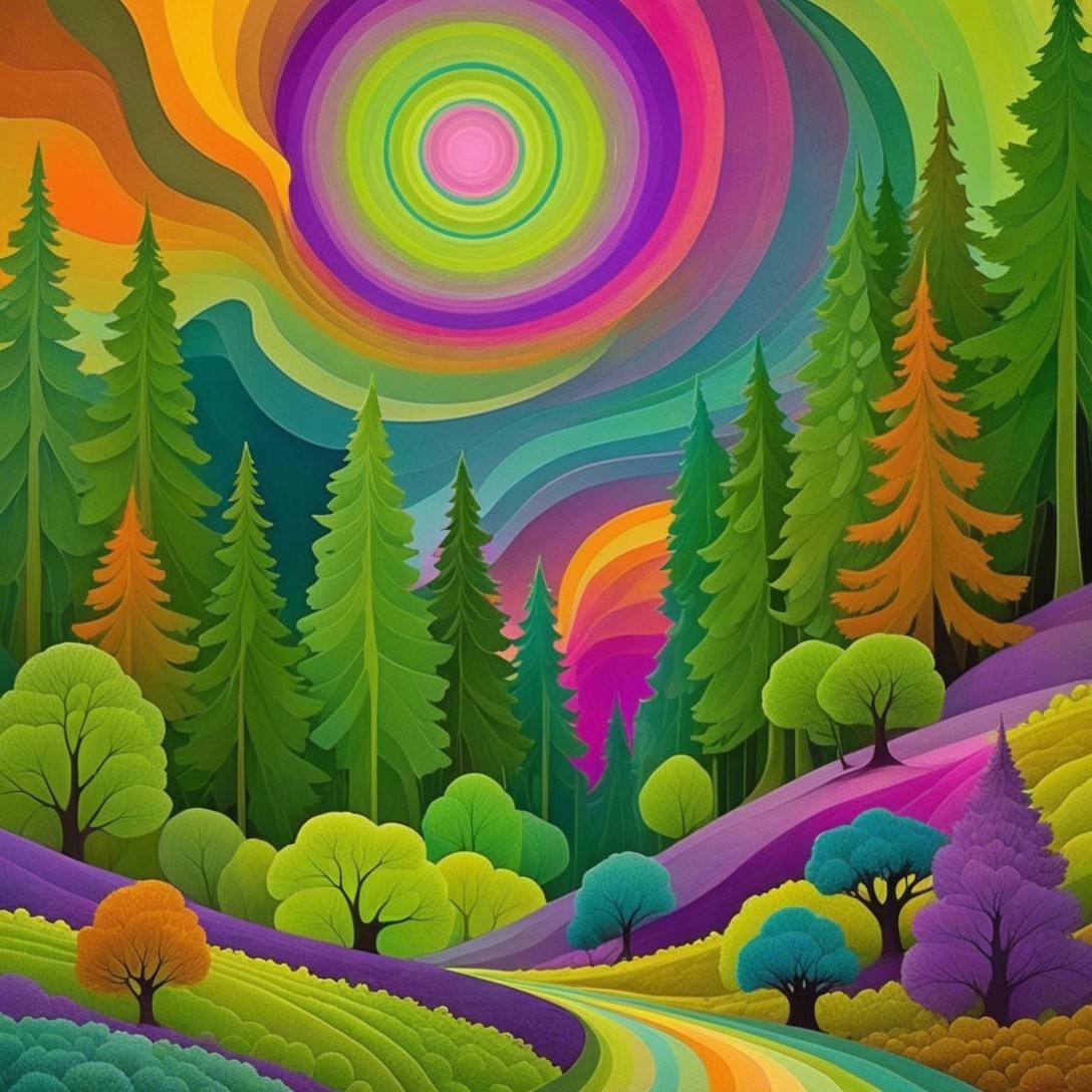 Surreal Landscape with Vibrant Colors and Trees