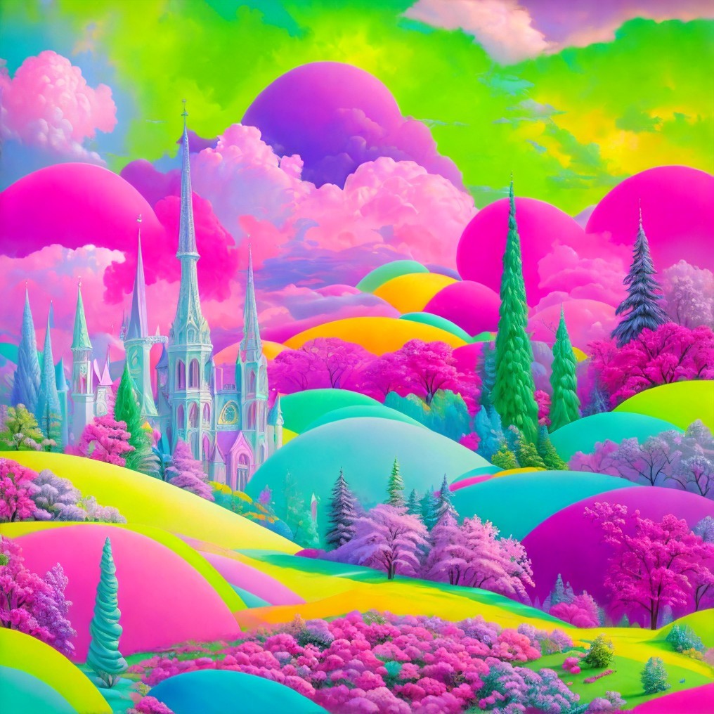 Vibrant Fantasy Landscape with Grand Castle and Hills