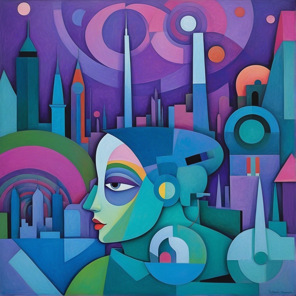 Abstract Portrait with Geometric Shapes and City Skyline