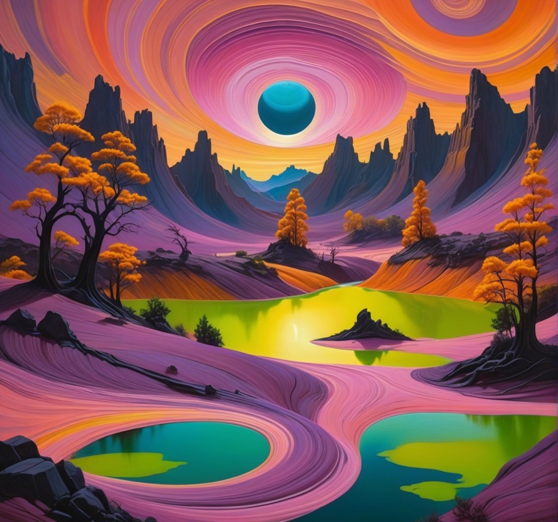 Surreal Landscape with Vibrant Colors and Mountains