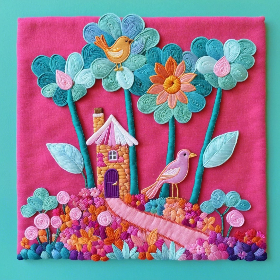 Vibrant Embroidery Art with Whimsical House Scene