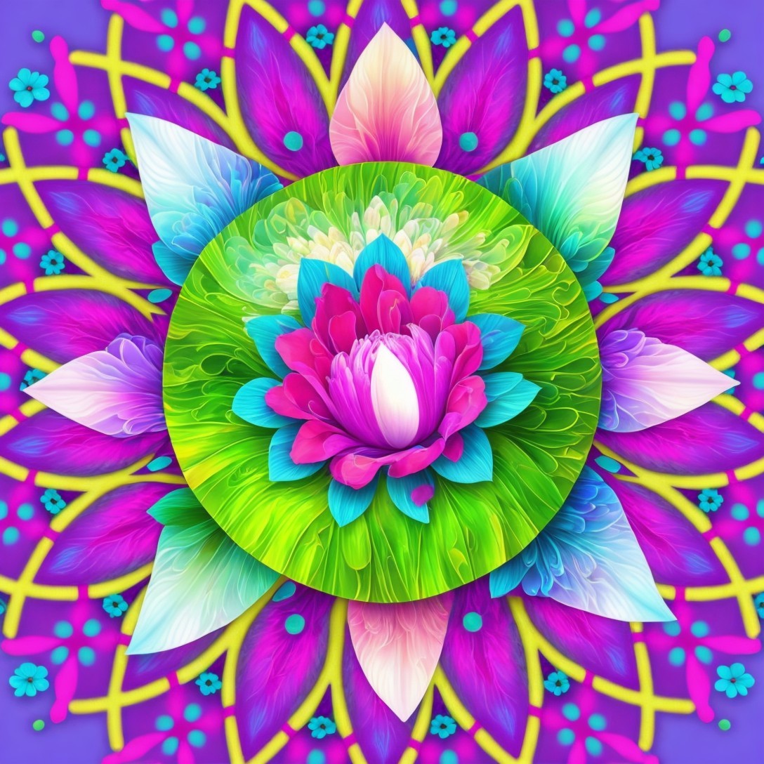 Bright Pink and Blue Floral Design with Green Petals