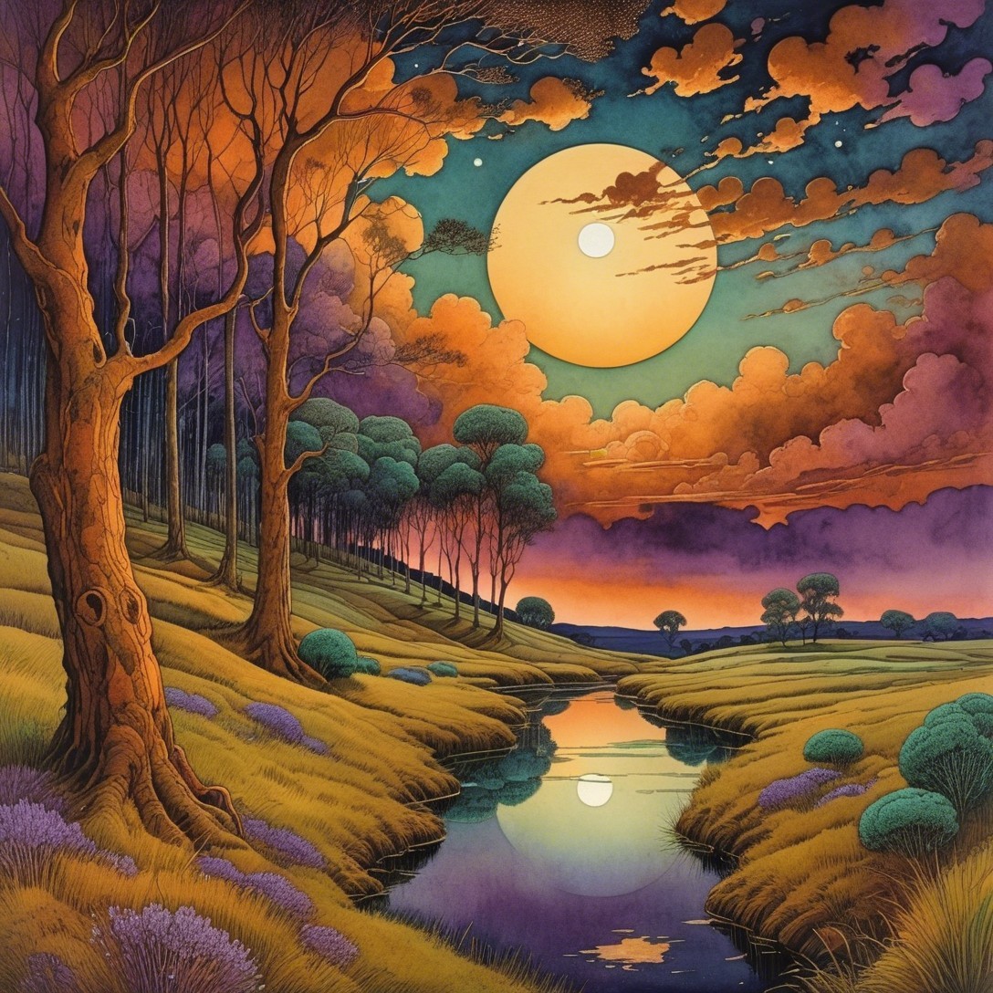 Vibrant Dusk Landscape with Rolling Hills and Moon