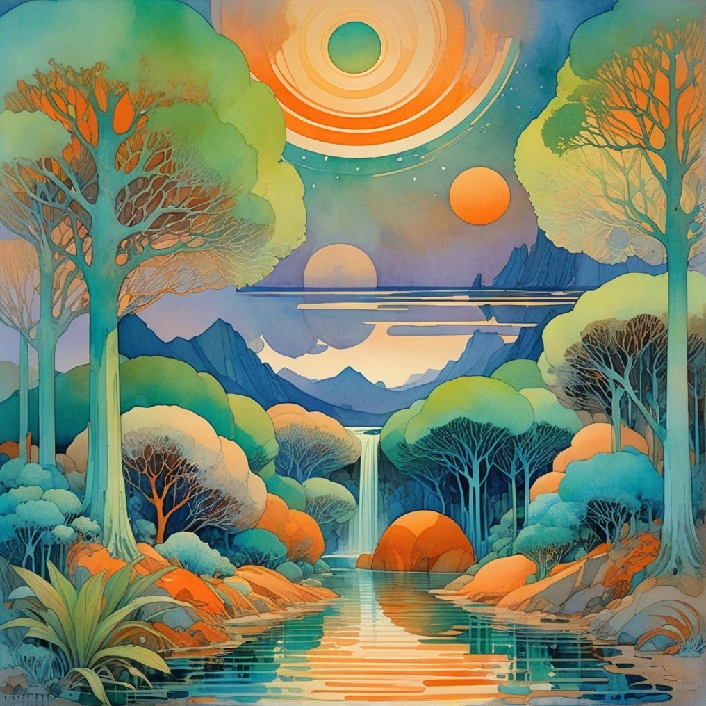 Whimsical Landscape with Pastel Trees and Waterfall