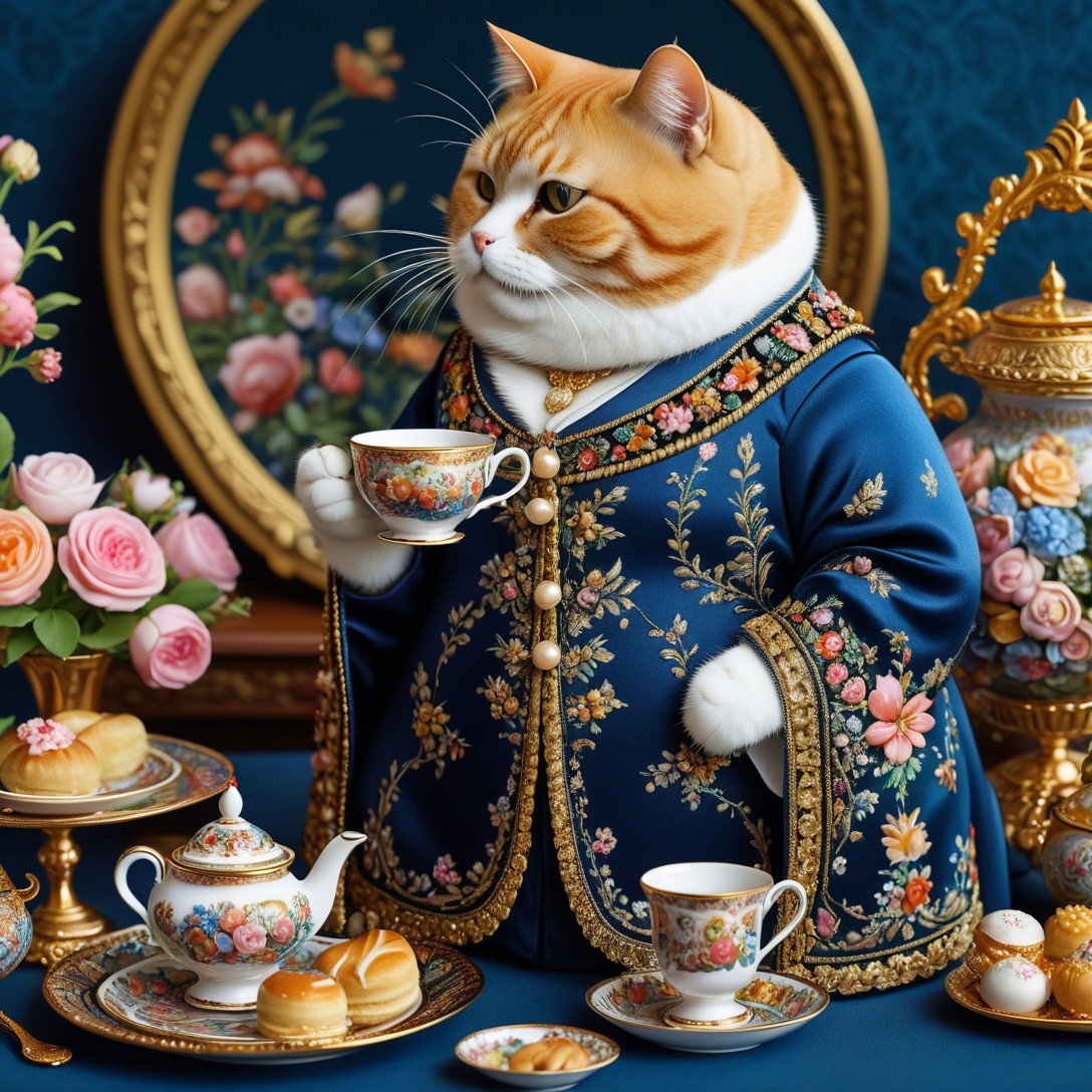 Regal Cat in Blue Coat with Elegant Tea Set and Pastries