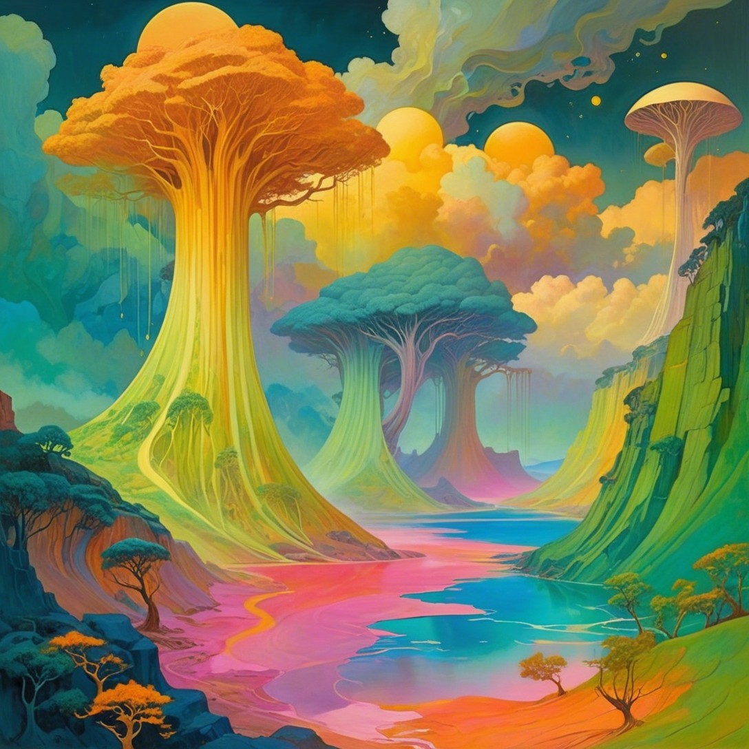 Surreal Landscape with Colorful Trees and Glowing Sky