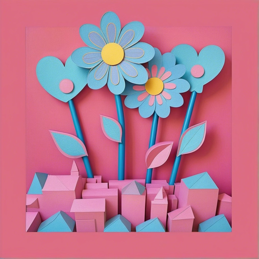 Vibrant Paper Craft Scene with Flowers and Houses