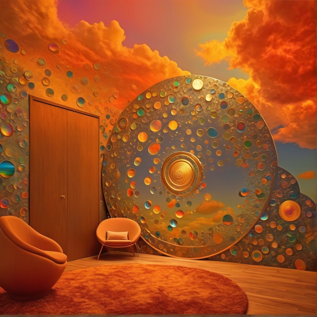 Surreal Interior with Colorful Orbs and Dramatic Ceiling