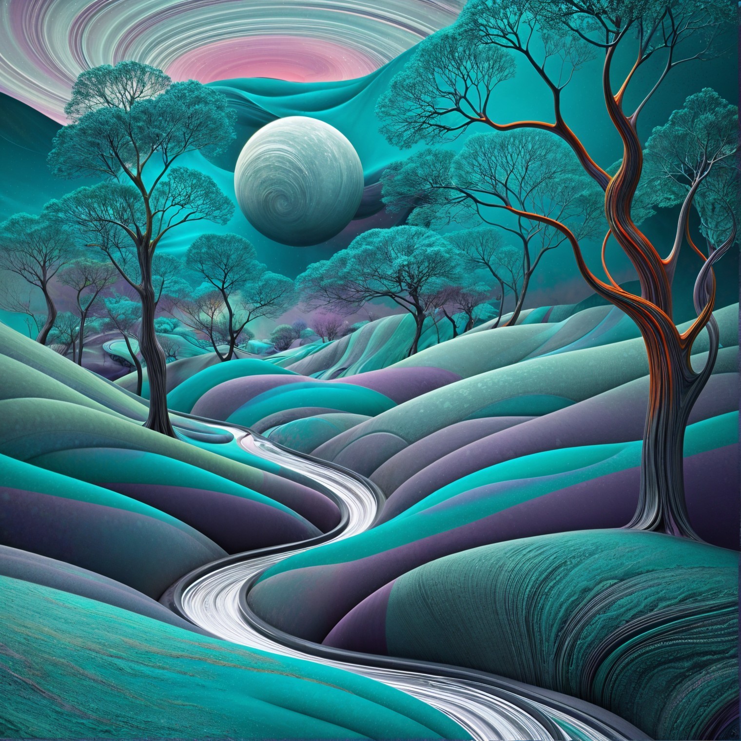Surreal Landscape with Teal and Purple Hills