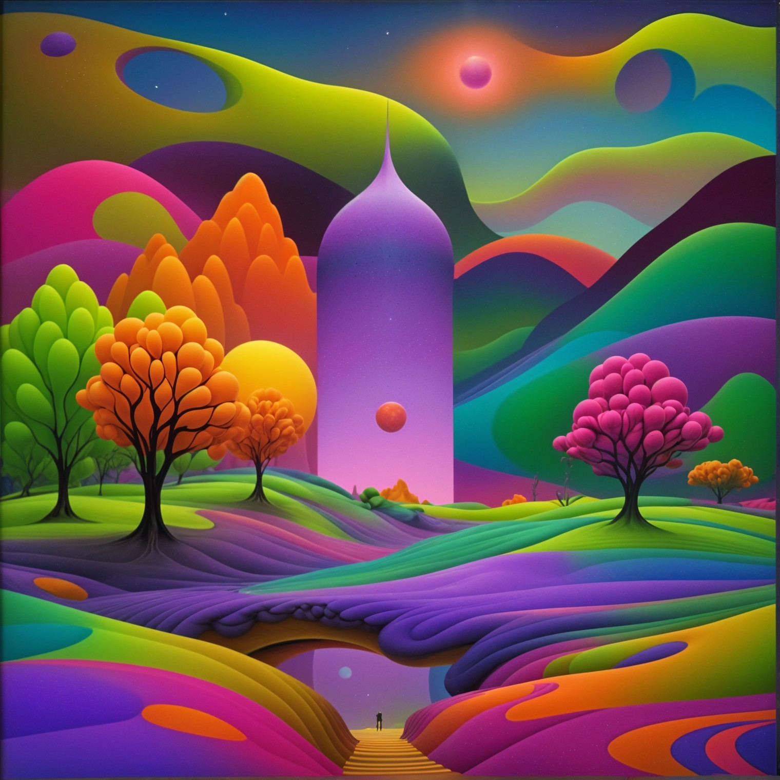 Vibrant Dreamlike Landscape with Whimsical Elements