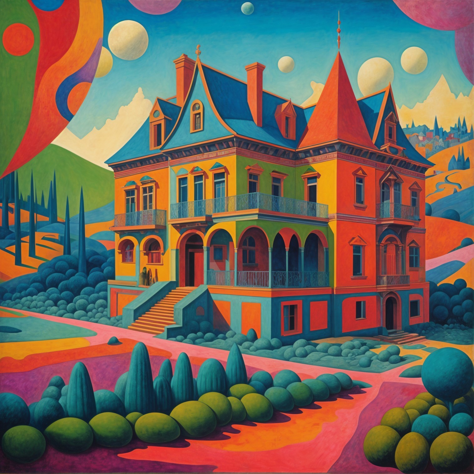 Surreal Landscape with Colorful Mansion and Abstract Sky