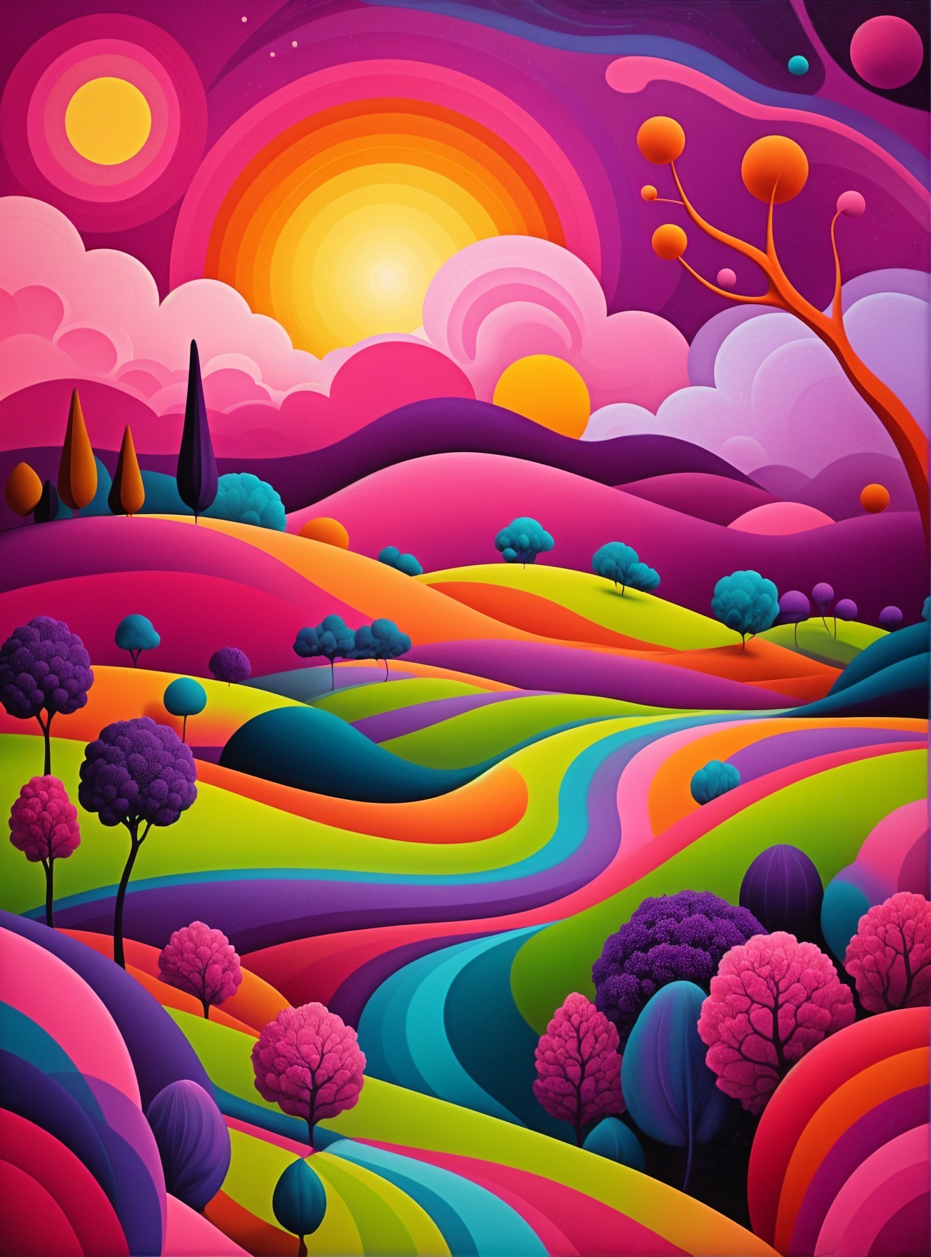 Vibrant Colorful Landscape with Hills and River