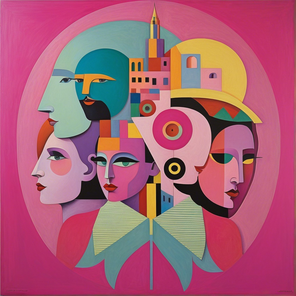 Abstract Faces on Bold Pink Background with Geometry