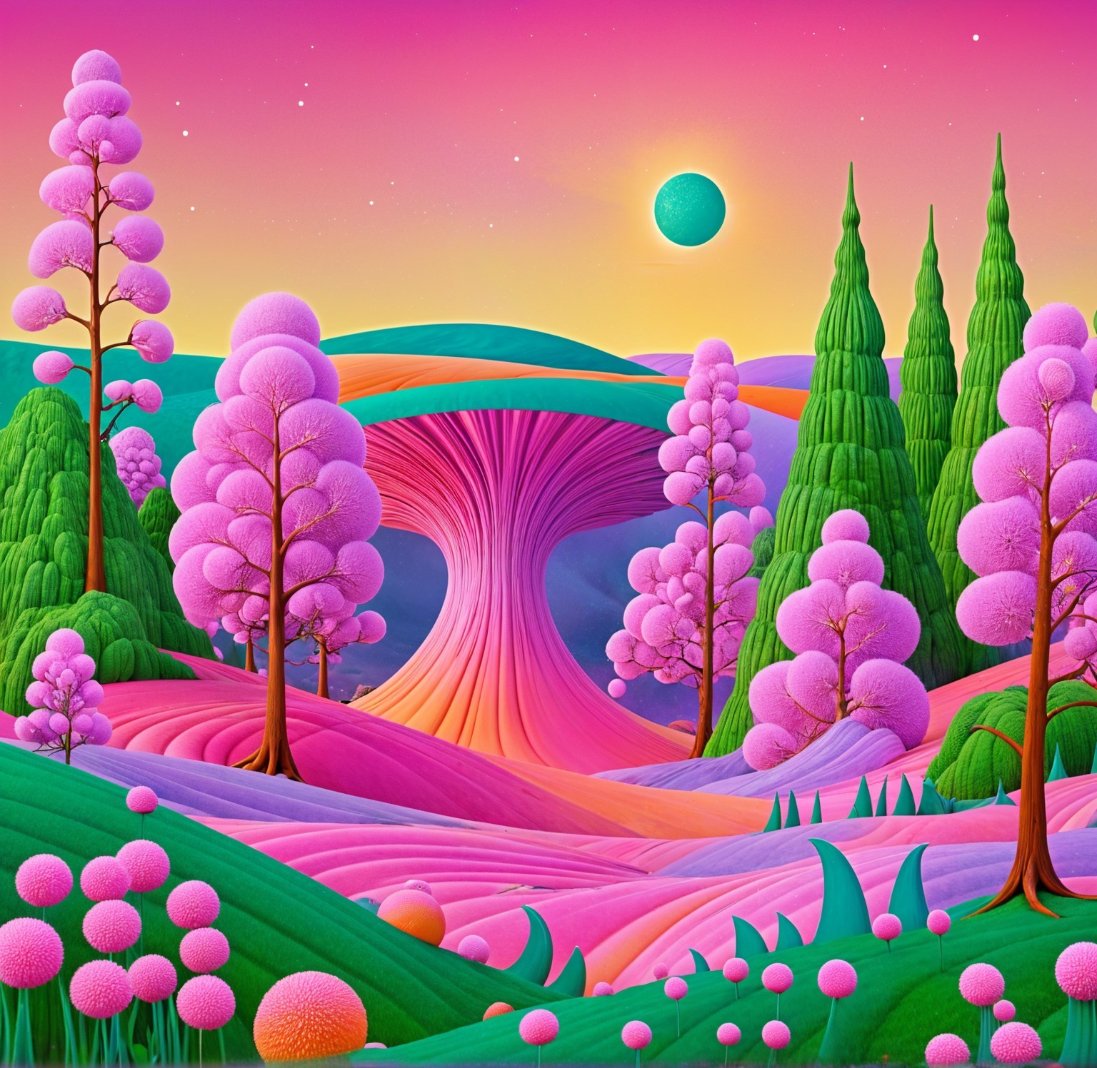 Surreal Landscape with Colorful Trees and Dreamy Sky