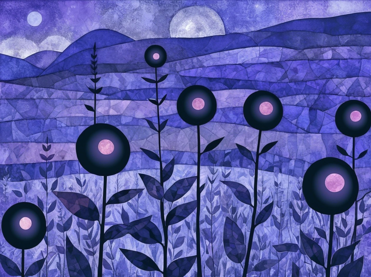 Serene Landscape with Abstract Flowers and Moonlight