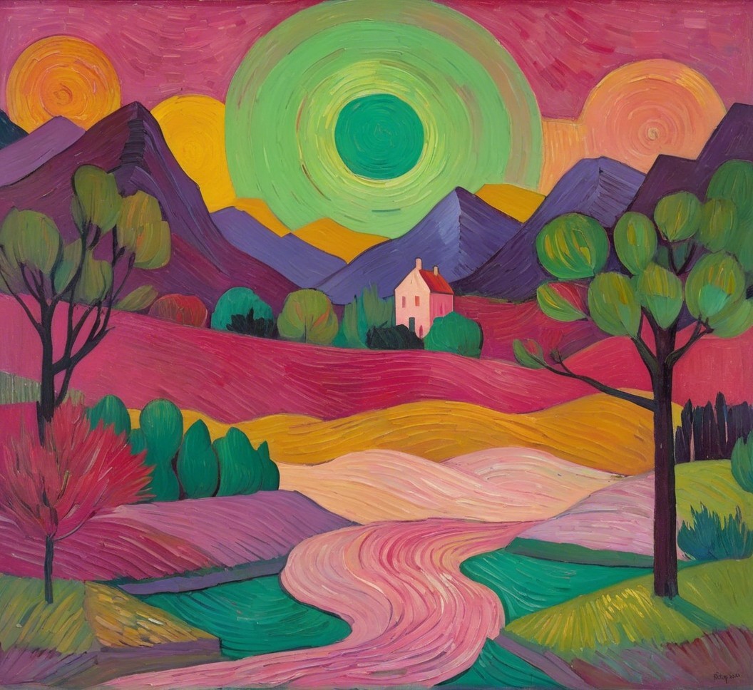 Vibrant Landscape with Mountains and Flowing River