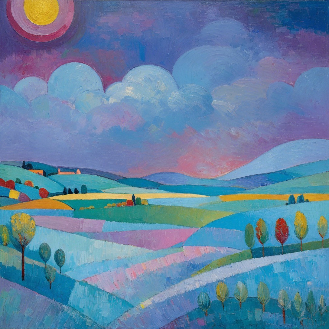 Vibrant Landscape Painting with Rolling Hills and Sun