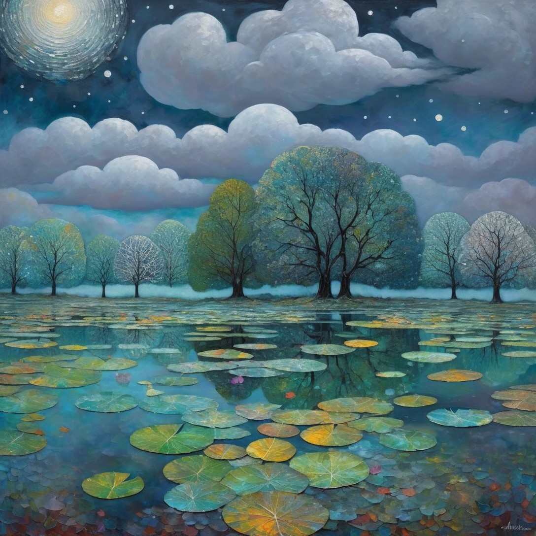 Tranquil Lake Scene with Lily Pads and Starry Sky