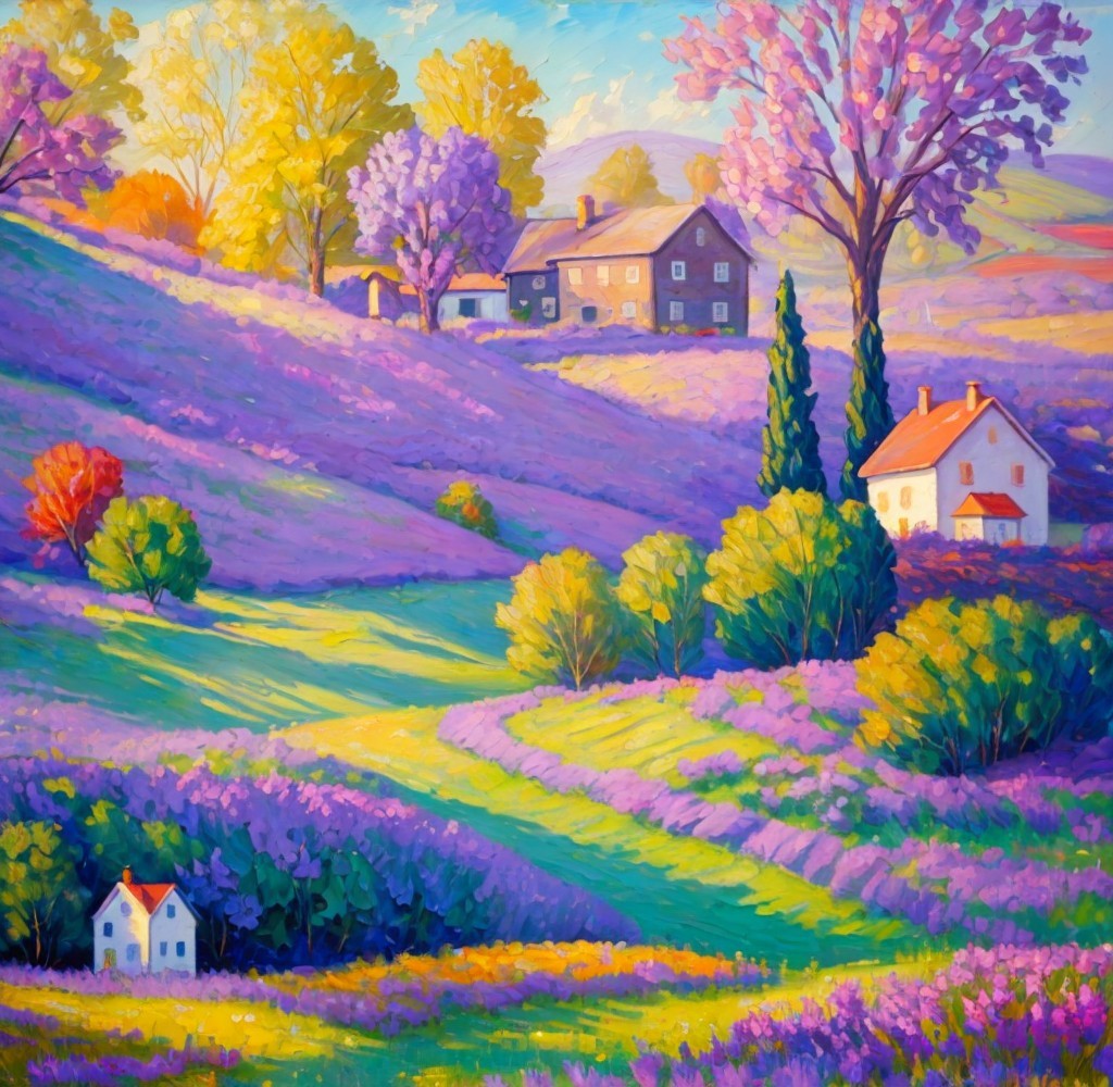 Vibrant Landscape of Lavender Hills and Quaint Houses