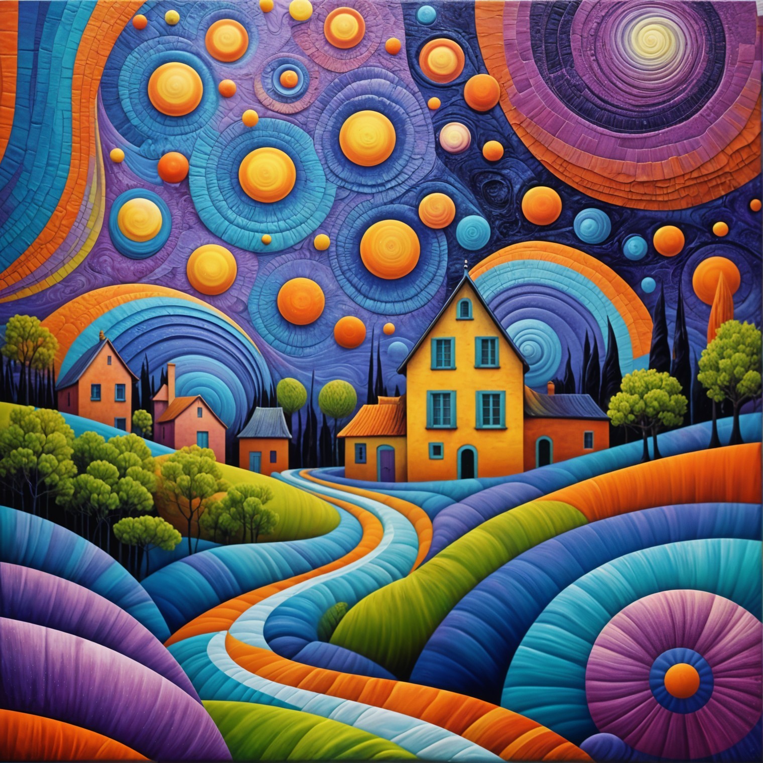Surreal Landscape with Colorful Hills and Houses