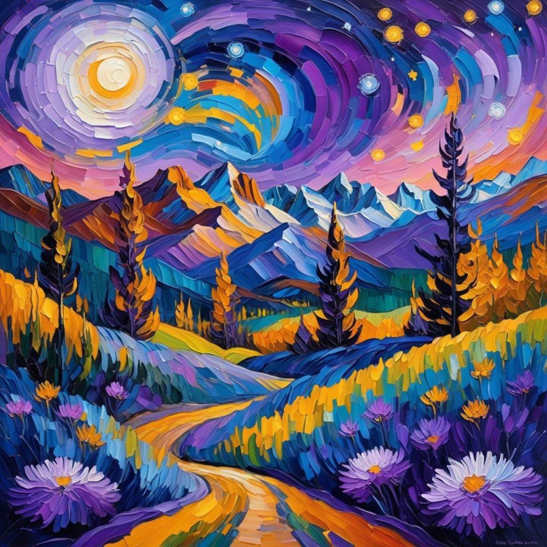 Vibrant Landscape with Colorful Skies and Mountains