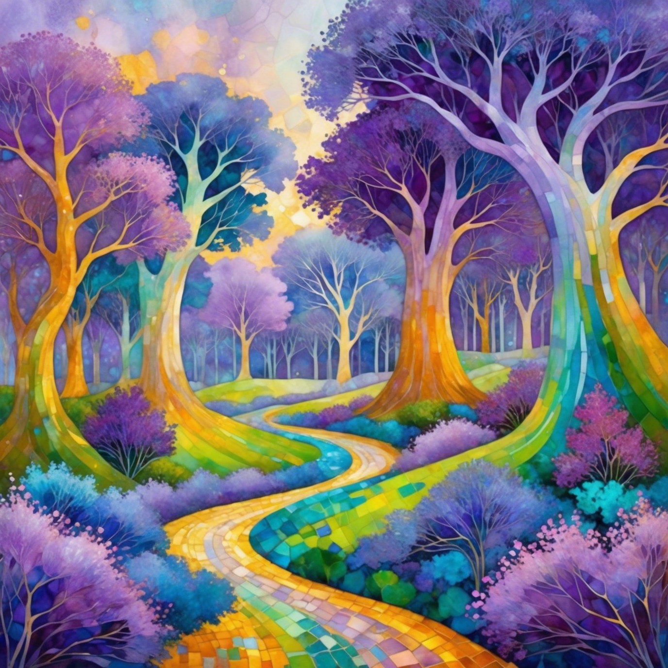 Colorful Fantasy Landscape with Winding Path and Trees