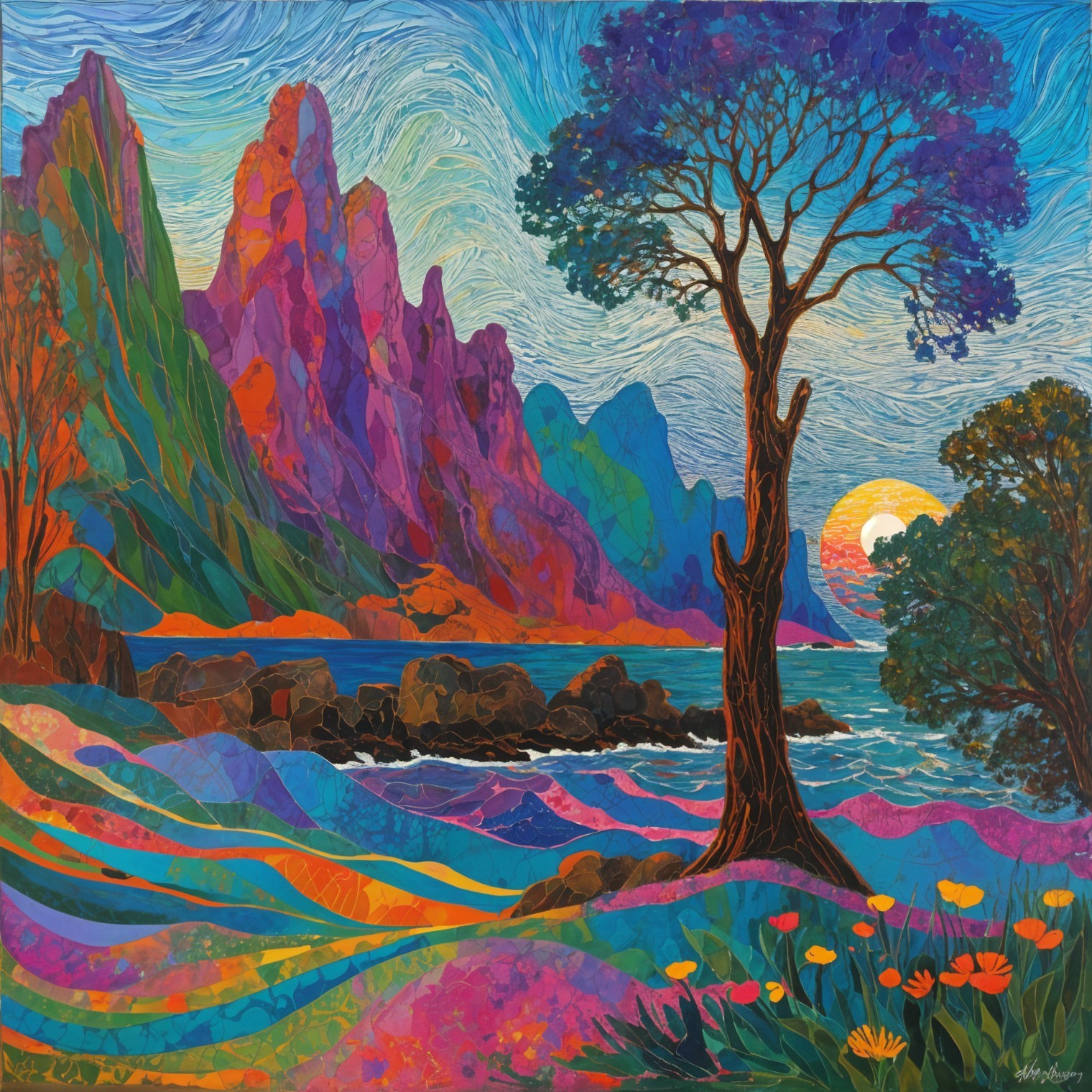Vibrant Landscape with Colorful Mountains and Ocean