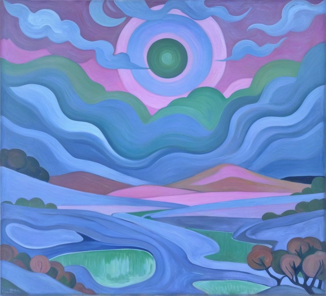 Vibrant Landscape Painting with Hills and Flowing Rivers