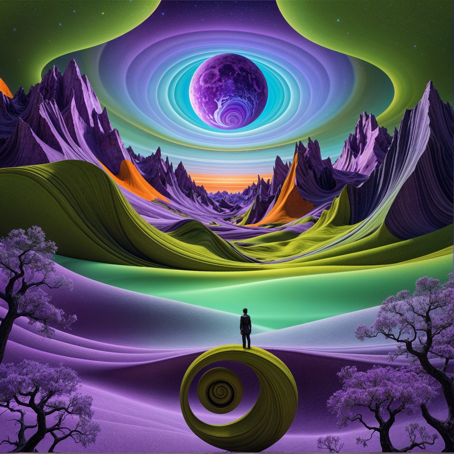 Surreal Landscape with Vibrant Mountains and Cosmic Sky