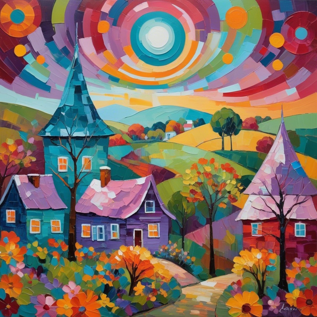 Colorful Landscape with Whimsical Houses and Garden