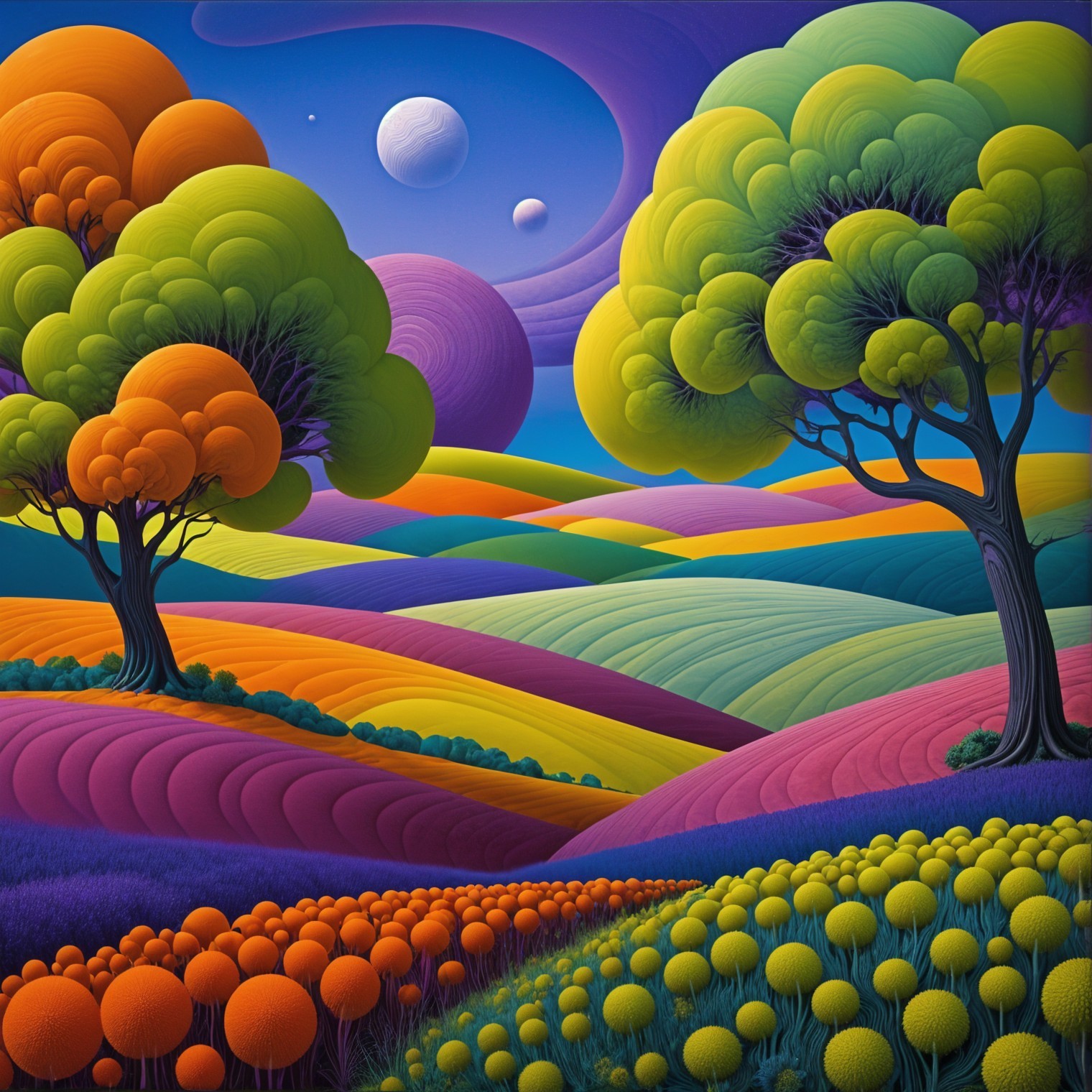 Surreal Landscape with Oversized Trees and Planets