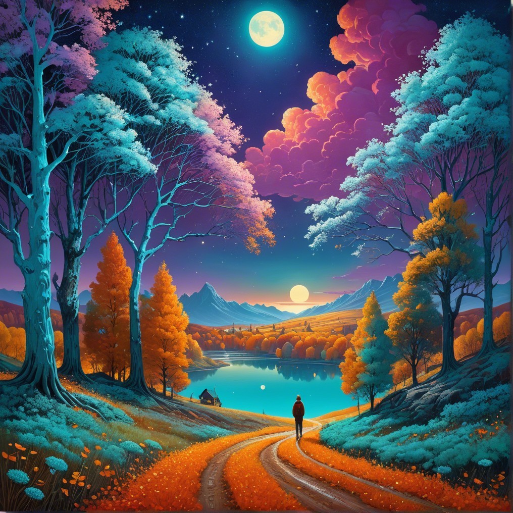Twilight Landscape with Path, Lake, and Autumn Trees