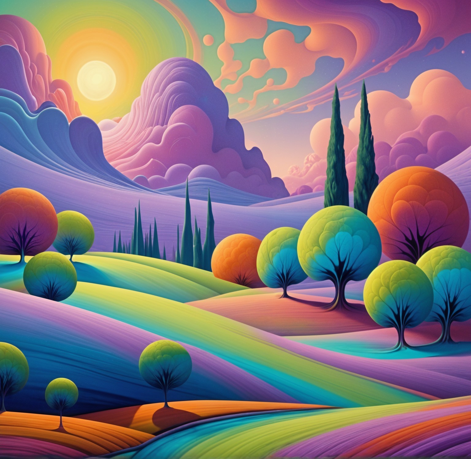 Vibrant Landscape with Colorful Trees and Surreal Clouds