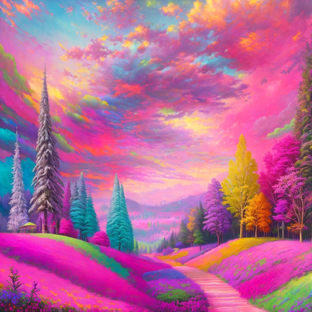 Vibrant Landscape with Colorful Flowers and Trees