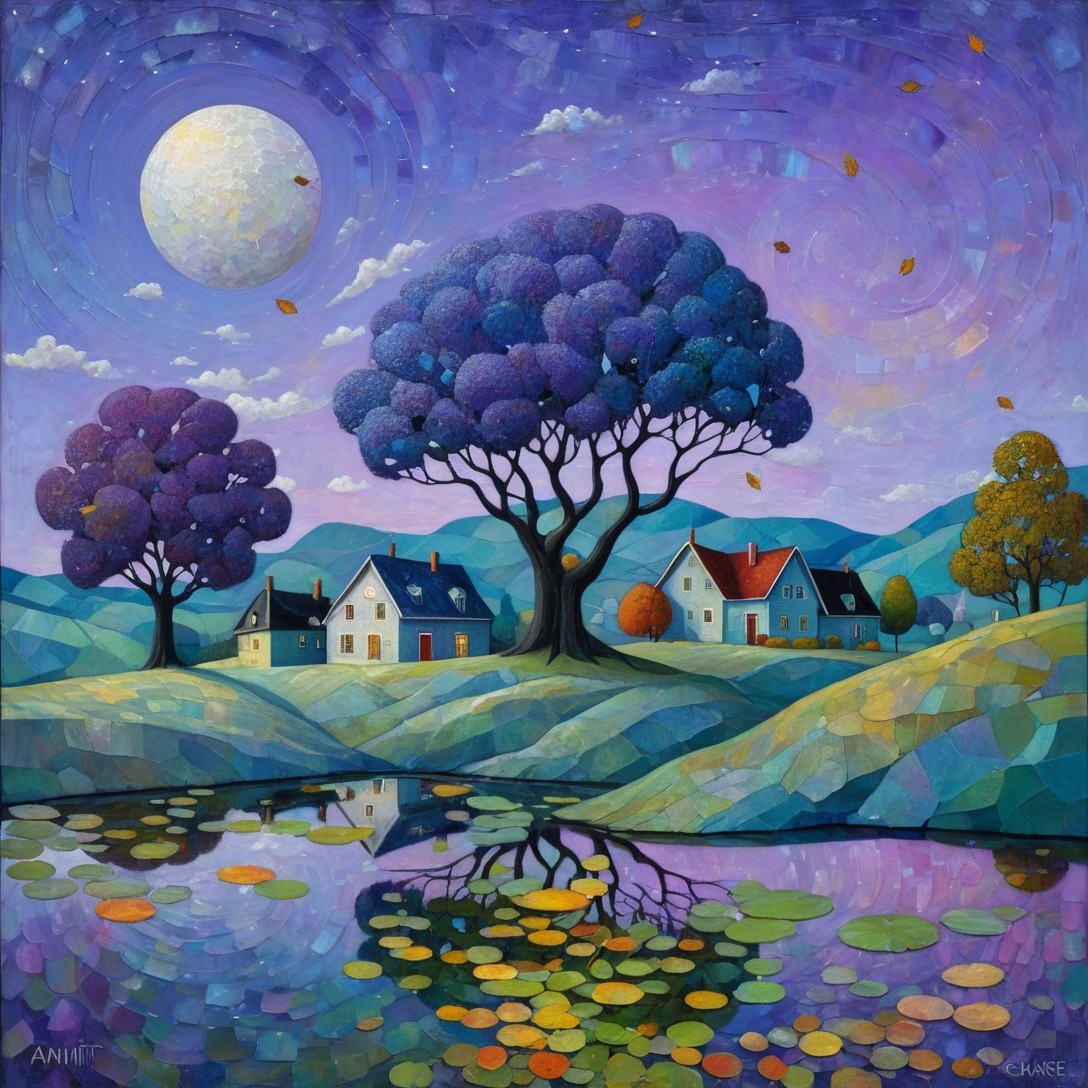 Whimsical Landscape with Quaint Houses and Twilight Sky