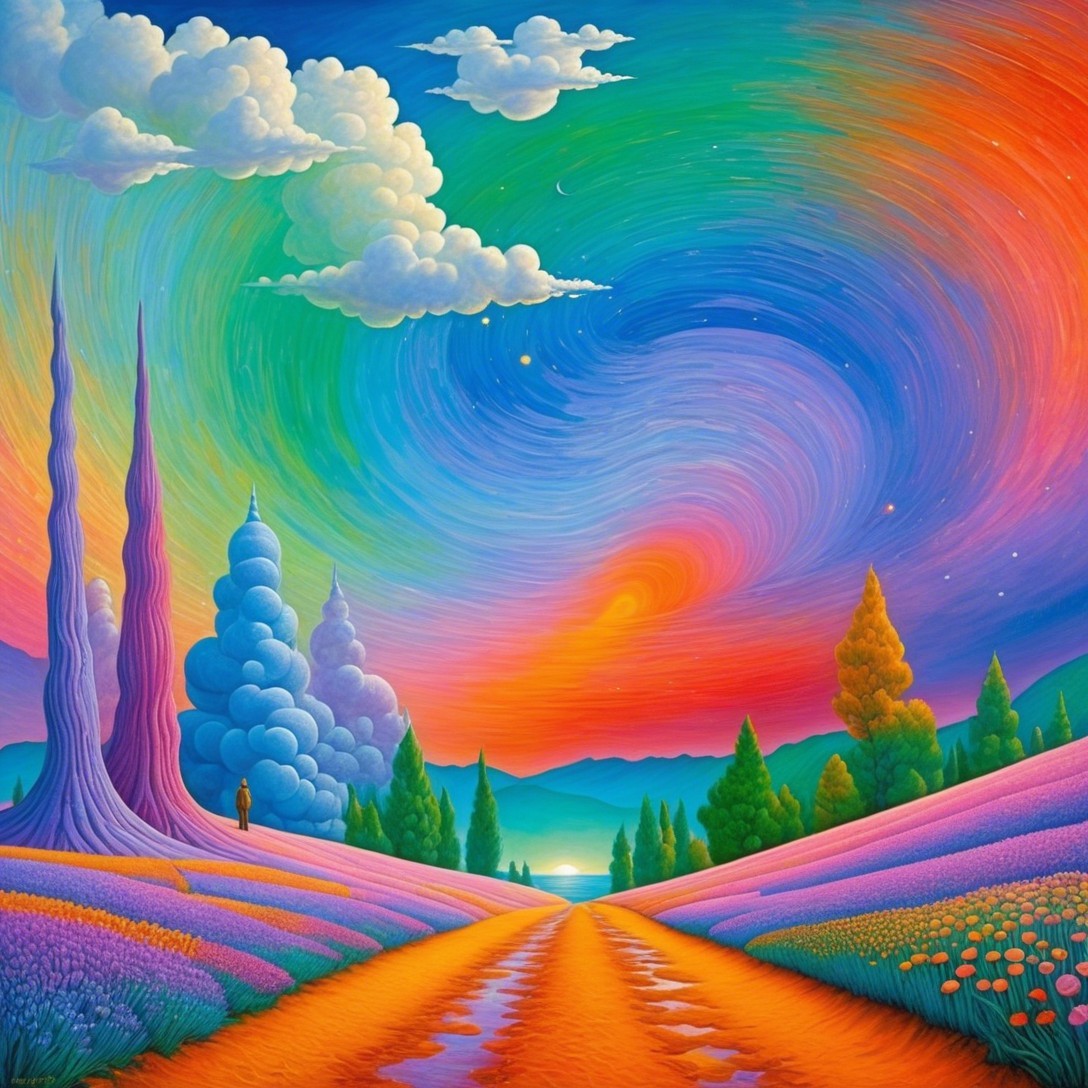 Vibrant Landscape with Colorful Clouds and Sunset