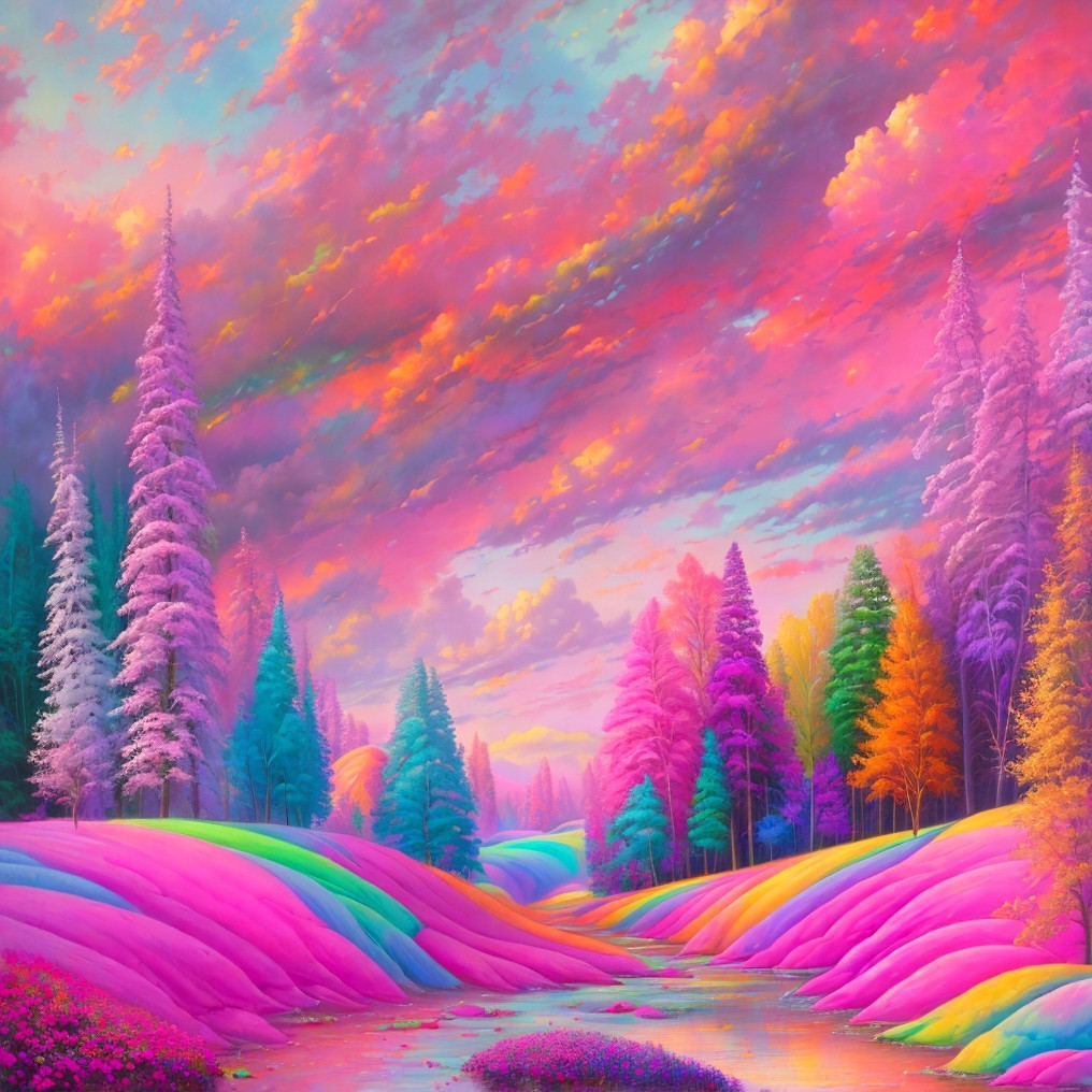 Vibrant Landscape with Hills, River, and Colorful Sky