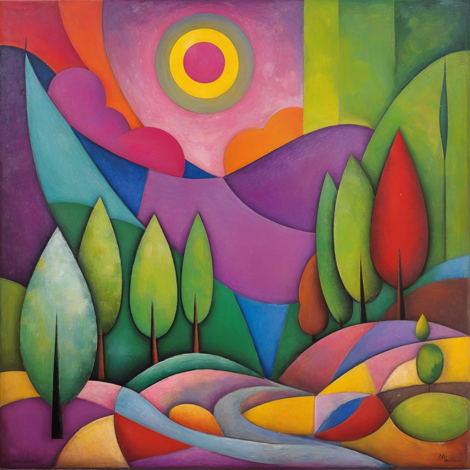 Vibrant Abstract Landscape with Curved Hills and Sun