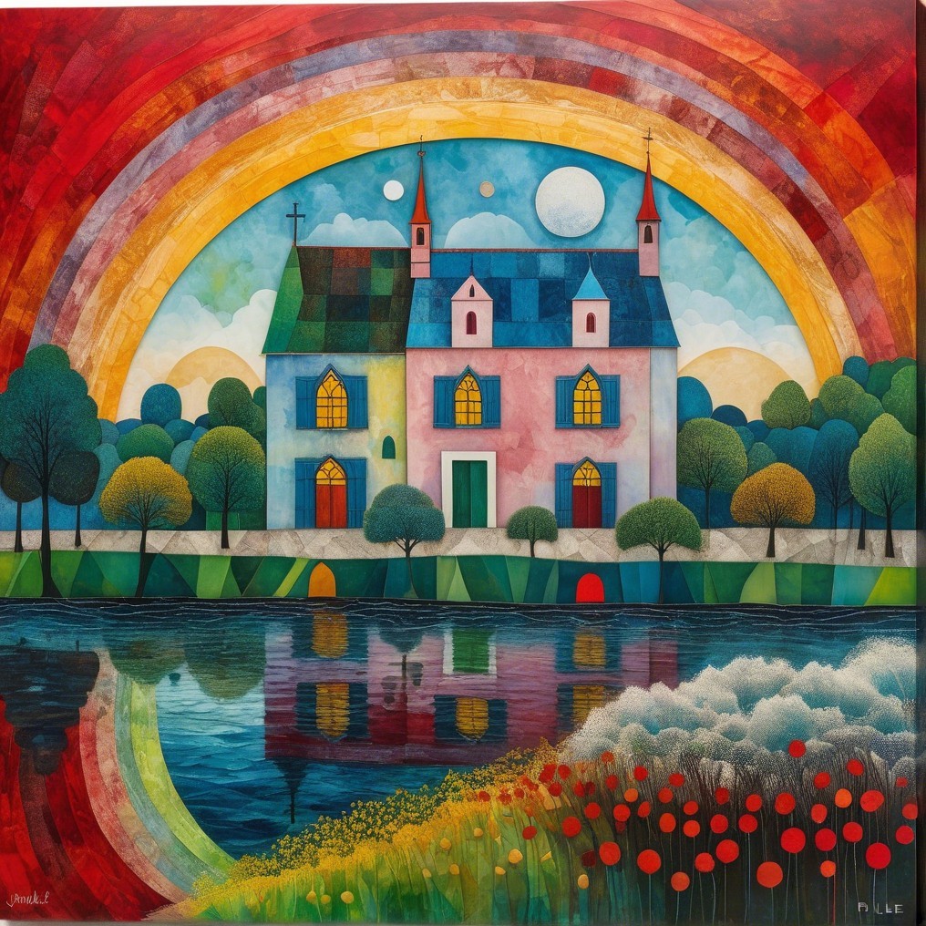 Whimsical Landscape with Colorful House and Lake