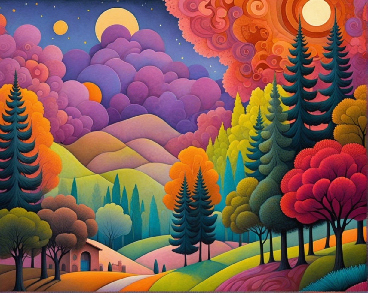 Vibrant Landscape with Colorful Sky and Cottage