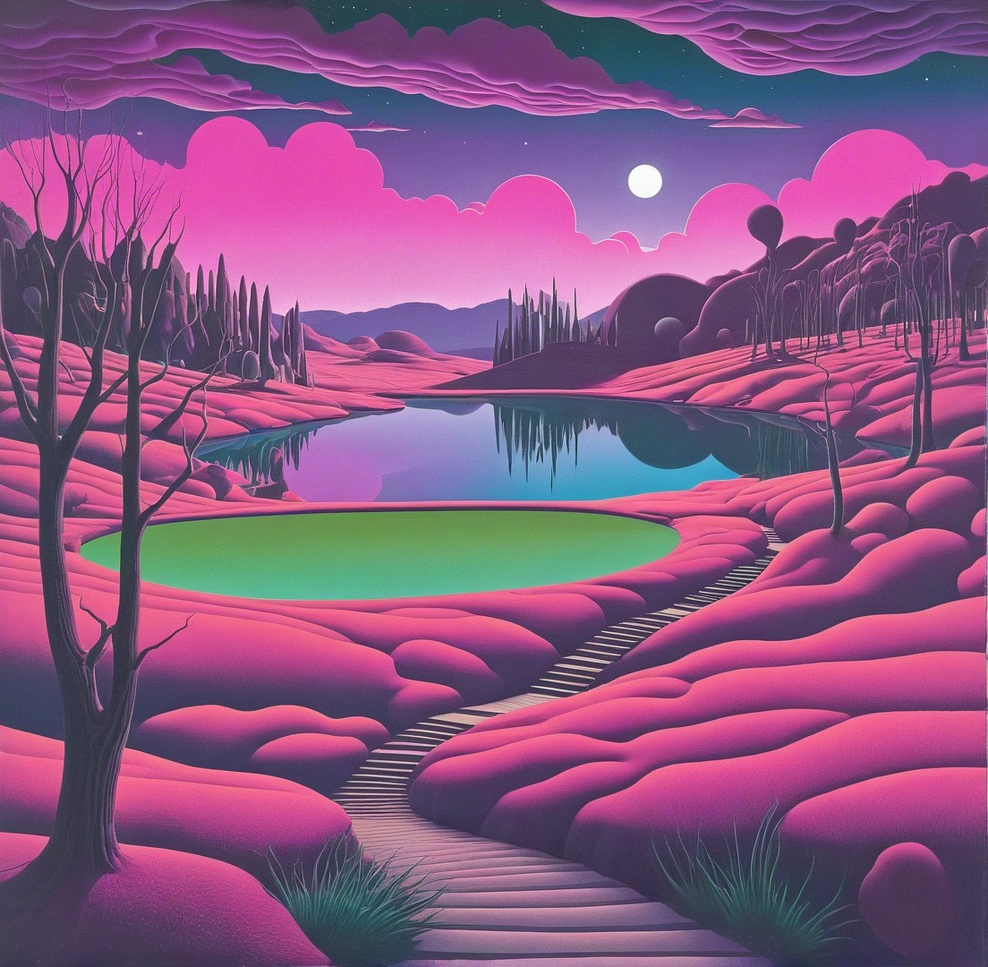 Surreal Landscape with Pink Hills and Emerald Lake