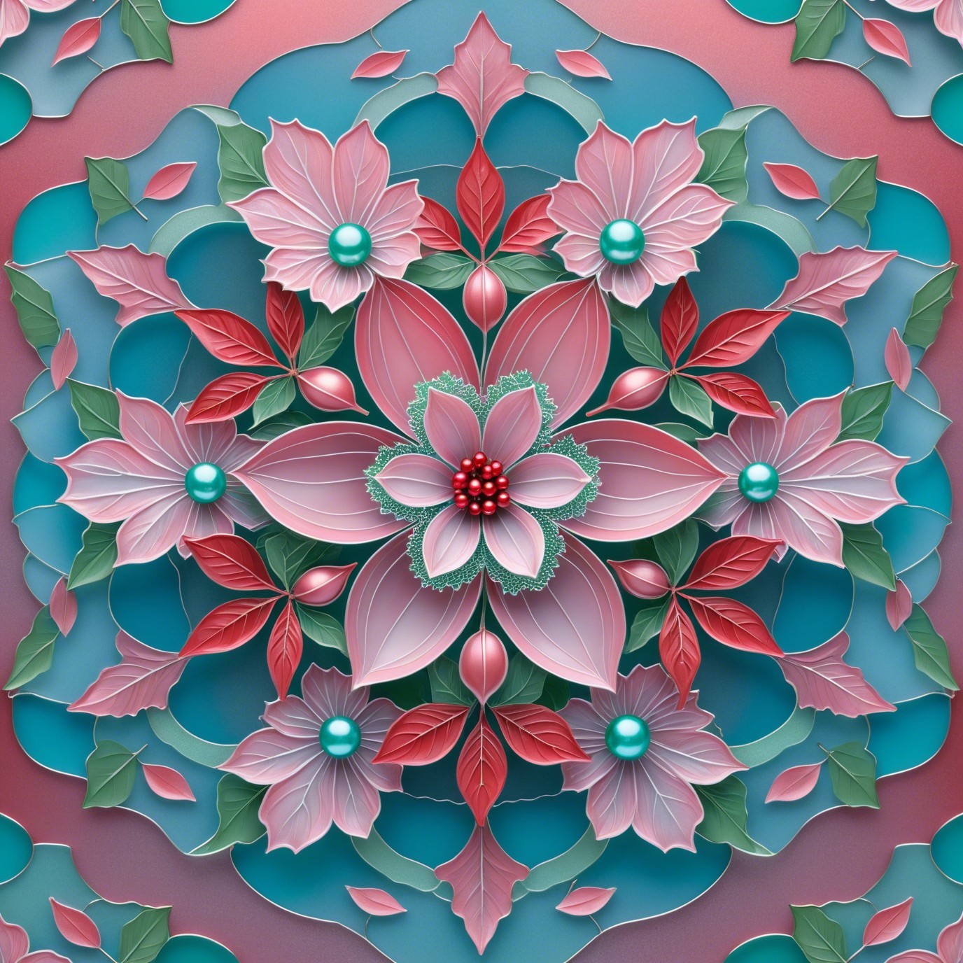 3D Floral Mandala Artwork in Pink and Teal Shades