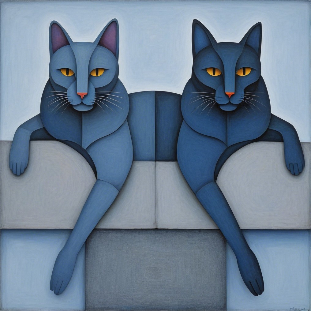 Stylized Blue Cats with Geometric Forms and Yellow Eyes