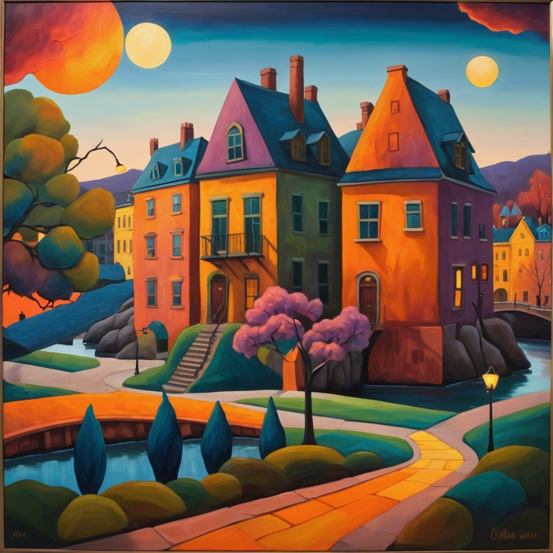 Surreal Landscape with Colorful Houses and Moons