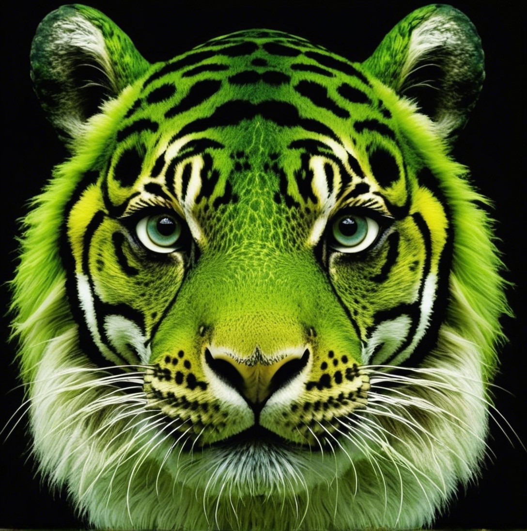 Surreal Tiger with Green Fur and Black Background