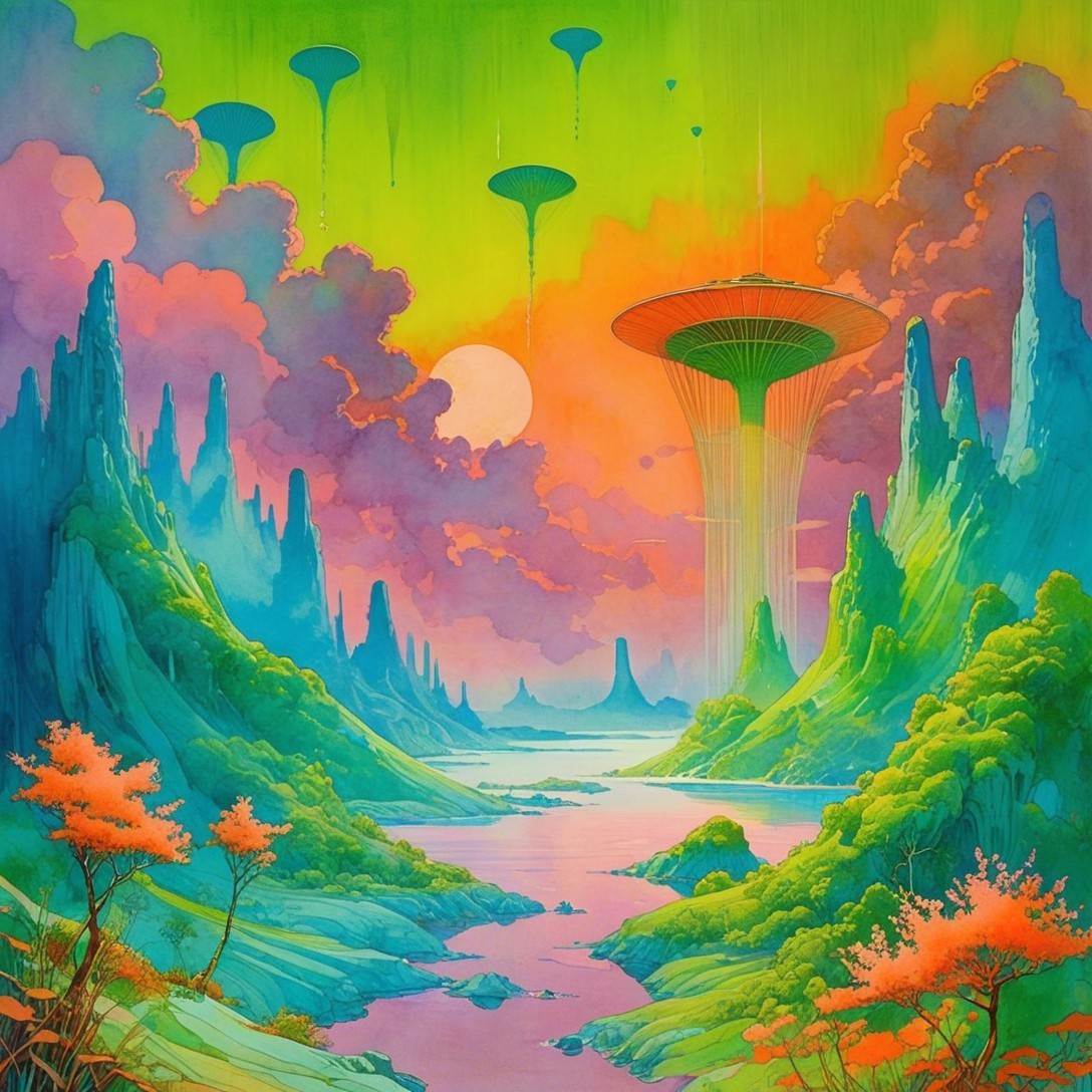 Surreal Landscape with Colorful Mountains and River